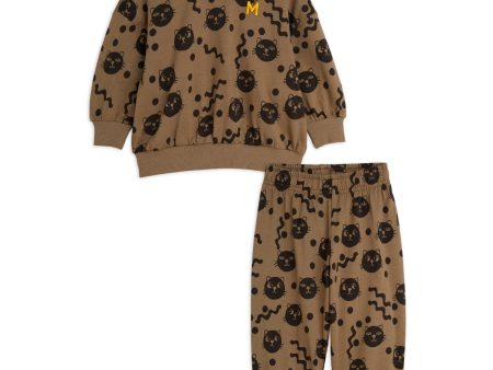 Mini Rodini Brown Squiggly Cats AOP Baby Set For Cheap