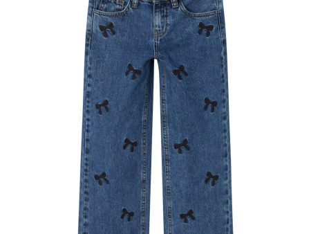 Name It Dark Blue Denim Embroidery Rose Wide Jeans For Cheap