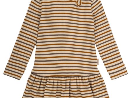 Petit Piao Chocolate Brown Golden Sun Dark Off White Dress Modal Striped Online now